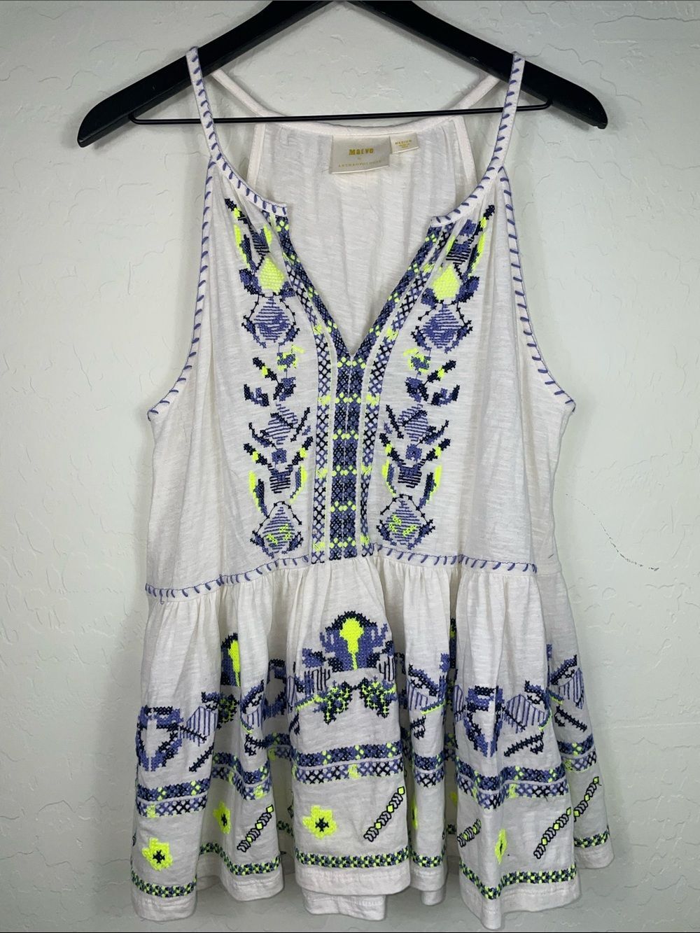 Maeve White Tank with Blue and Neon Yellow Embroidery